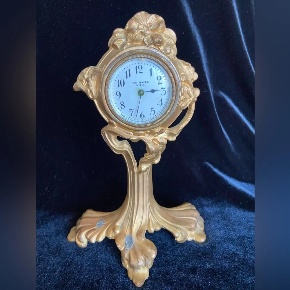 Antique New Haven Mantel Clock Gilt Cast Metal Art Nouveau Floral USA READ